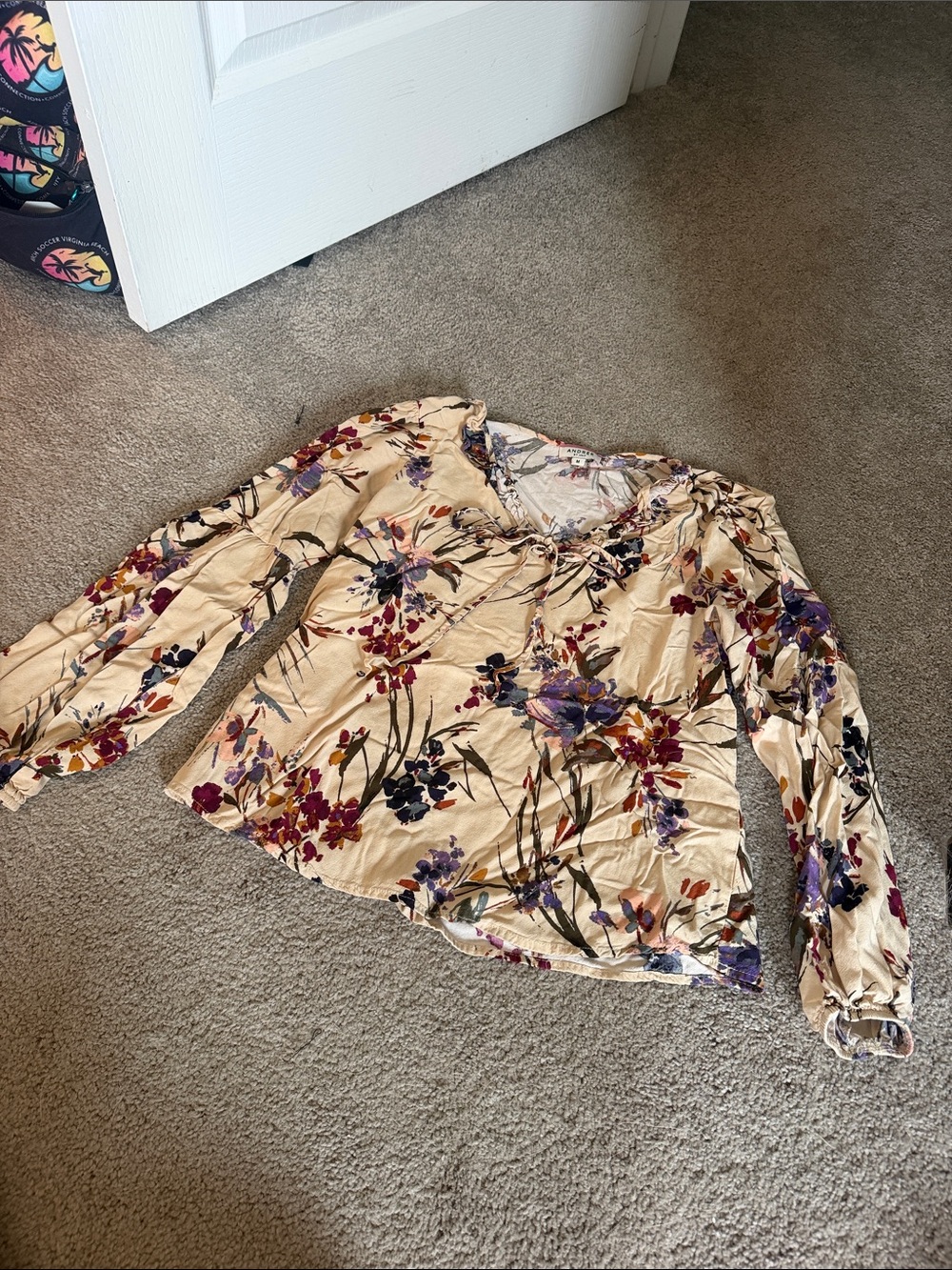 ANDREE BY UNIT Cream Floral V-Neck Long Sleeve Blouse with Purple & Pink Blooms